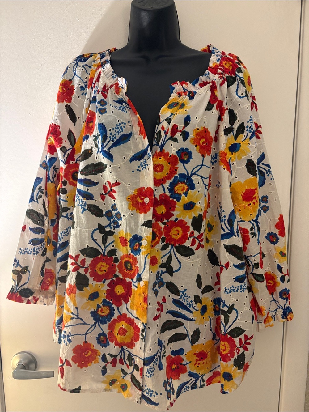 NWOT intro. V Neck Button Down White Floral Eyelet Beach Resort Tunic SZ XL